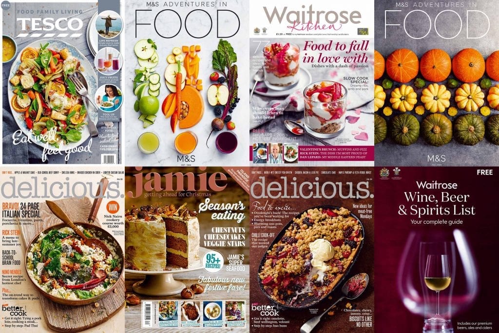 Collage of covers for Tesco, Marks and Spencer, Delicious and Jamie Magazine