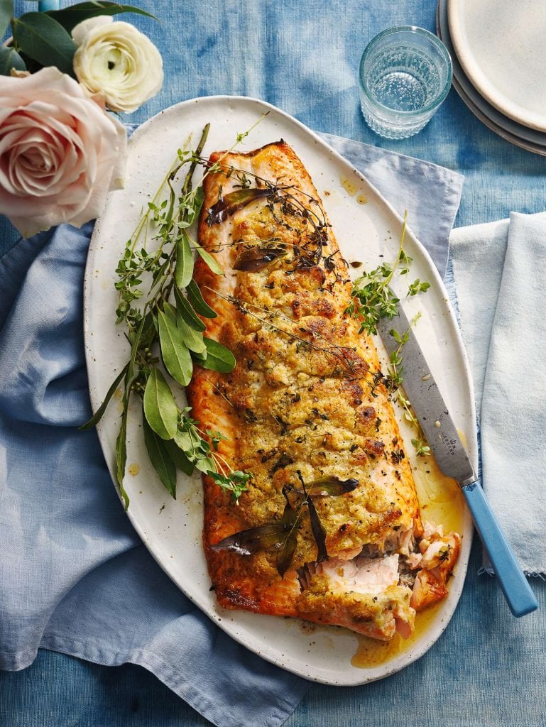 delicious magazine march 2021 whole side of salmon with savoury smoked craquelin