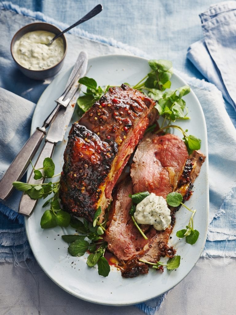 delicious magazine march 2021 roasted beef sirloin with crab apple chilli glaze and watercress aioli