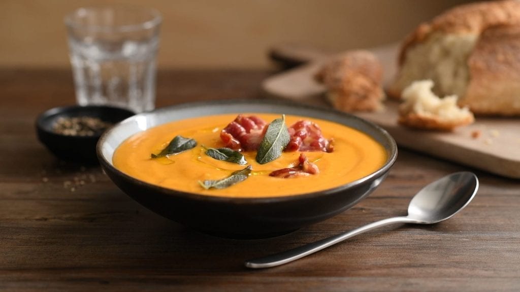 food photographers video of pumpkin soup with bacon & sage