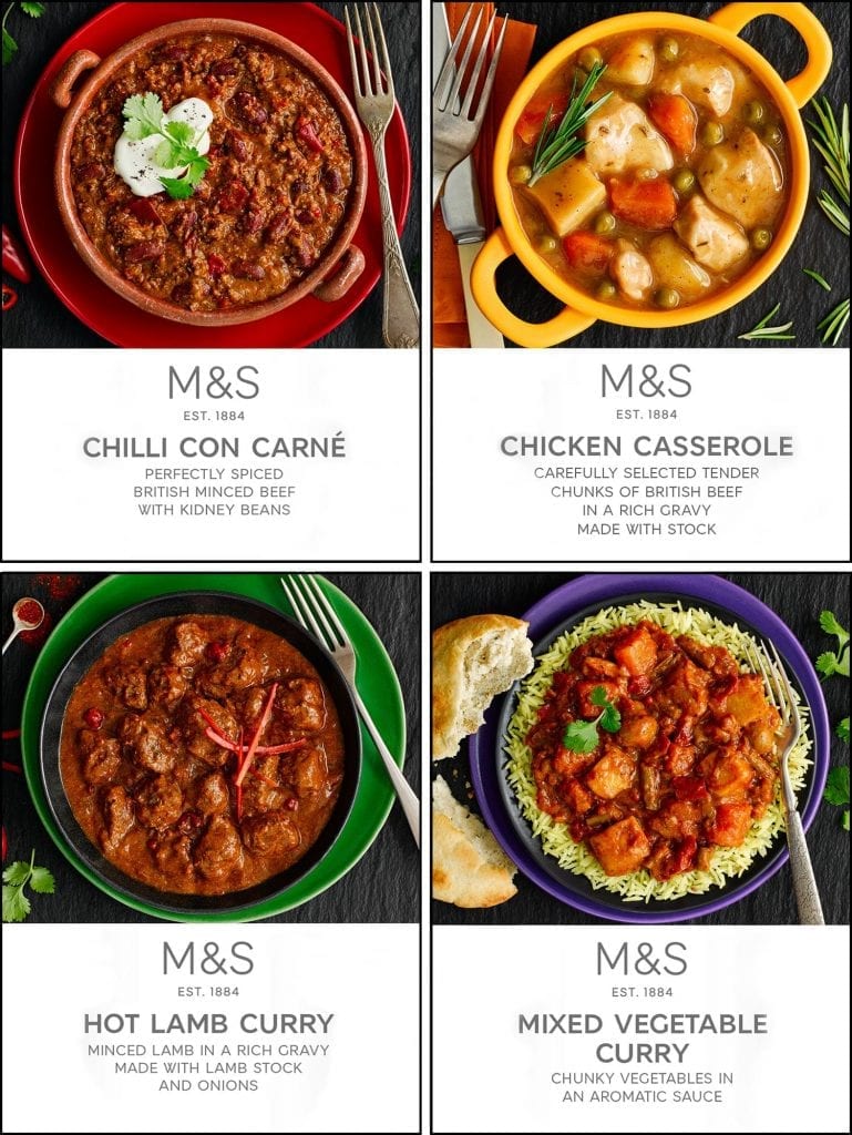Chilli con carne, chicken casserole, hot lamb curry and mixed vegetable curry packaging
