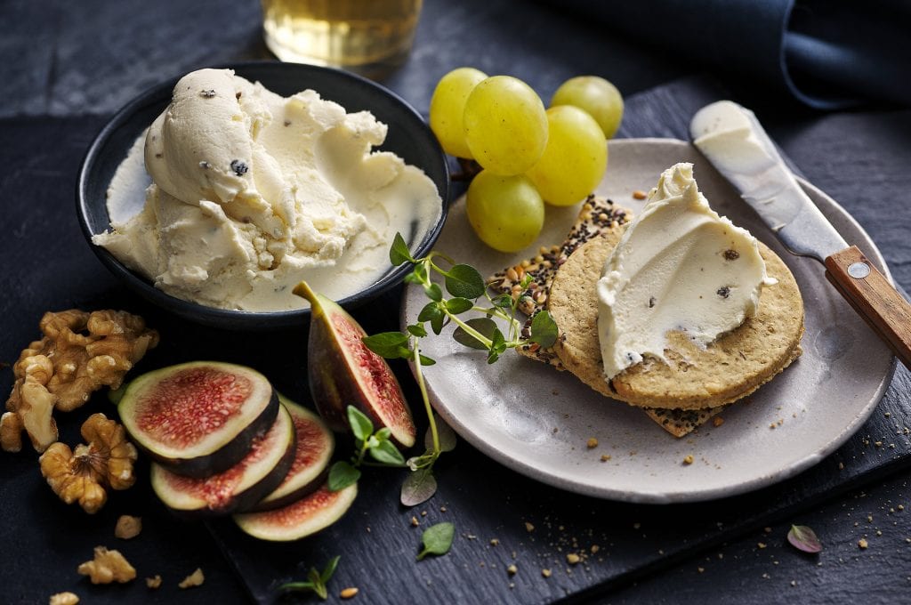 marks and spencers luxury truffle soft cheese on biscuits with grapes and figs