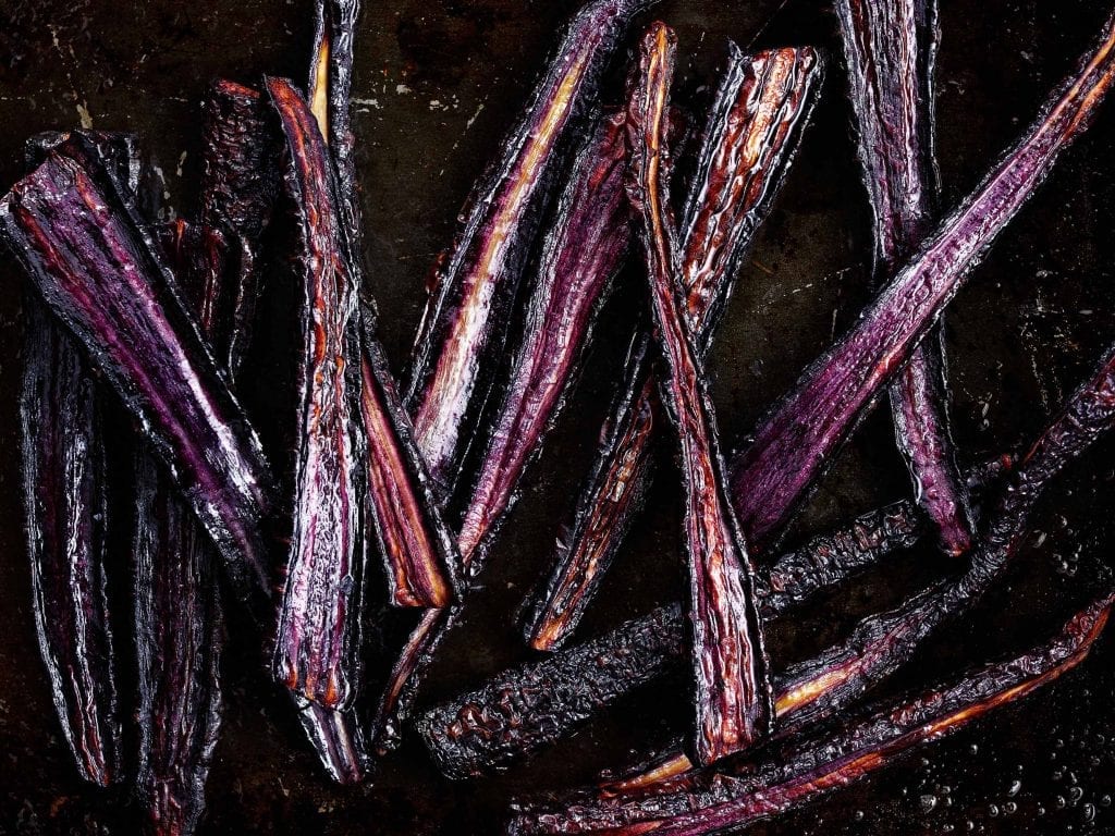 Personal shot of roasted black carrots