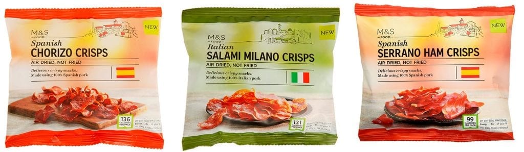 Serrano ham, Spanish chorizo & Italian salami crisps, packaging shot for Marks & Spencer snacking