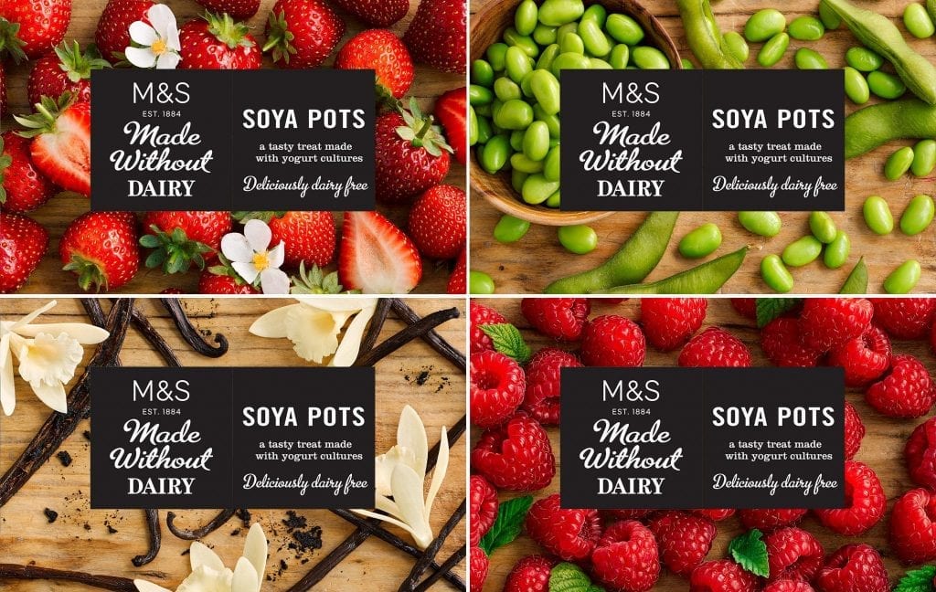 food studio photography Strawberry, vanilla, raspberry and plain soya pots packaging