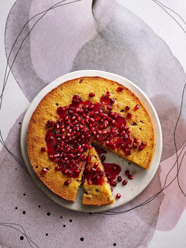 Romy Gill's polenta almond pomegranate cake photographed for the sunday times