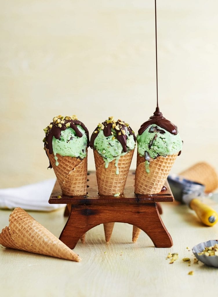 Tesco magazine Pistachio Chewy Mint Chocolate Chip in Cones with a chocolate drizzle